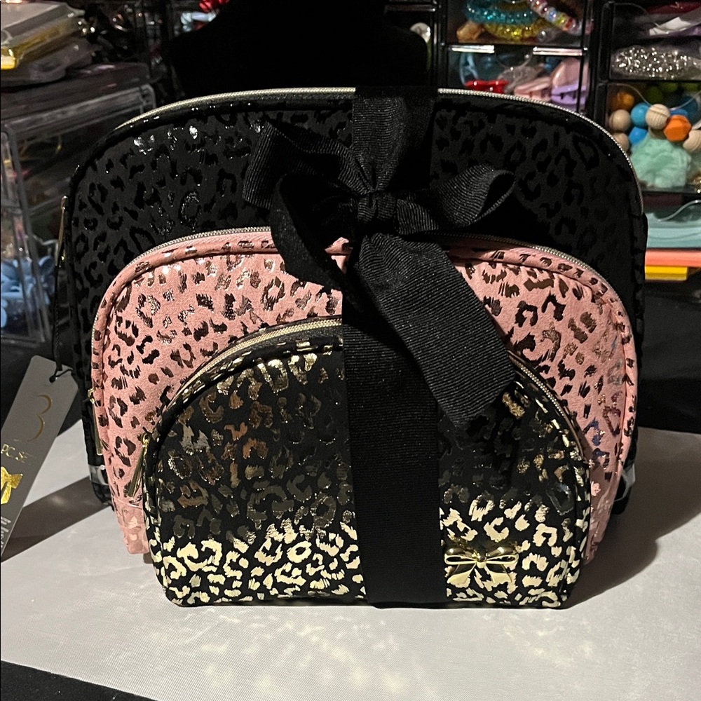 Stylish Leopard Print Bag Set - Black and Pink